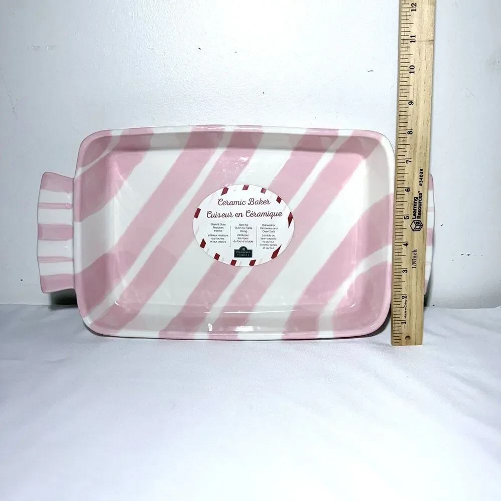 Strawberry Street Pink/White Striped Ceramic Baker Rectangular Baking Dish NEW